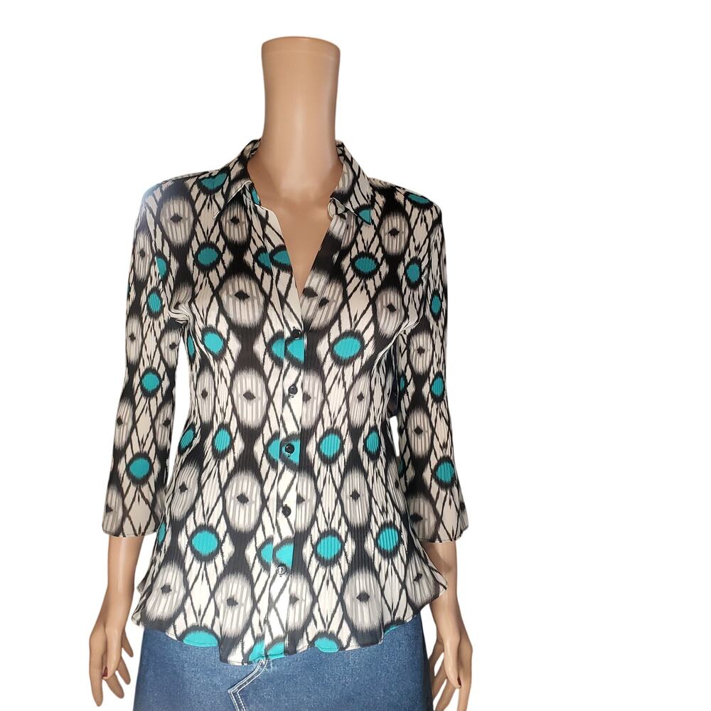 Nikola Plissé Pleated Abstract Retro Mod Geometric Button Up Semi Sheer Top S